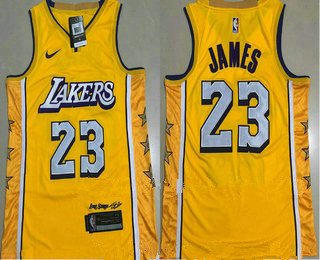 Men's Los Angeles Lakers #23 LeBron James Yellow 2020 Nike City Edition AU ALL Stitched Jersey