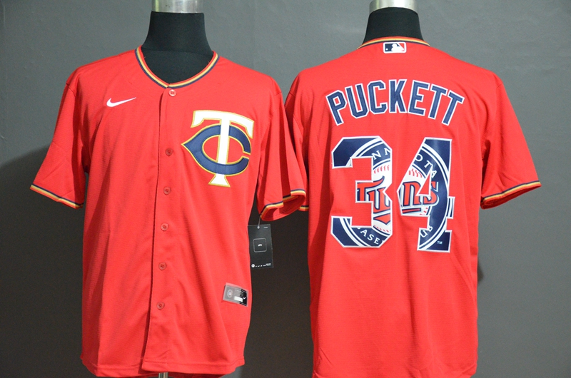 Men's Minnesota Twins #34 Kirby Puckett Red White Team Logo Stitched MLB Cool Base Nike Jersey