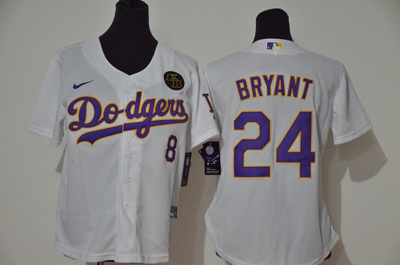 Women's Los Angeles Dodgers #24 Kobe Bryant White Purple Name KB Patch Stitched MLB Cool Base Nike Jersey