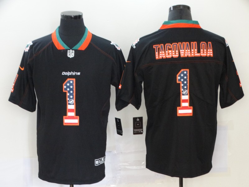 Men's Miami Dolphins #1 Tua Tagovailoa 2020 USA Flag Fashion Black Color Rush Stitched Nike Limited Jersey