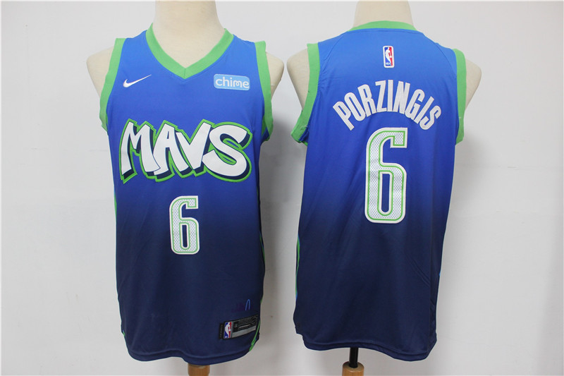 Men's Dallas Mavericks #6 Kristaps Porzingis Blue 2020 Nike City Edition Swingman Jersey With NEW Sponsor Logo