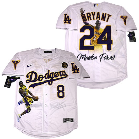 Men's Los Angeles Dodgers #8 #24 Kobe Bryant White With KB Patch Cool Base Stitched MLB Fashion Jersey