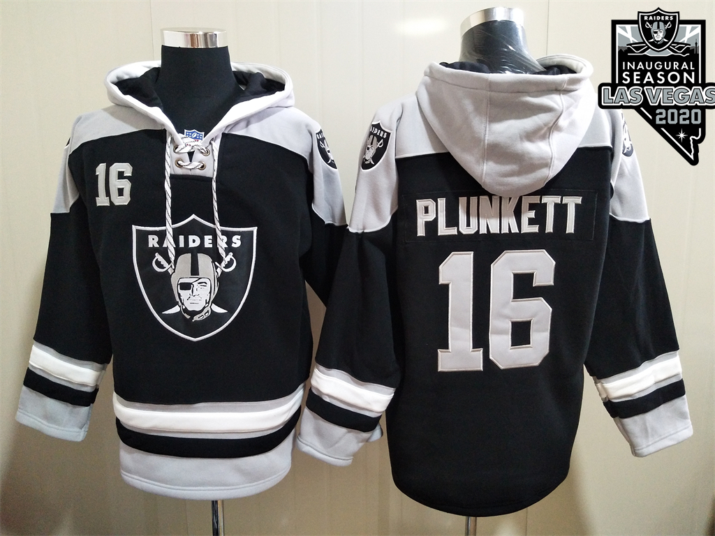 Men's Las Vegas Raiders #16 Jim Plunkett NEW Black 2020 Inaugural Season Pocket Stitched NFL Pullover Hoodie