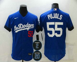 Men's Los Angeles Dodgers #55 Albert Pujols Blue #2 #20 Patch City Connect Flex Base Stitched Jersey