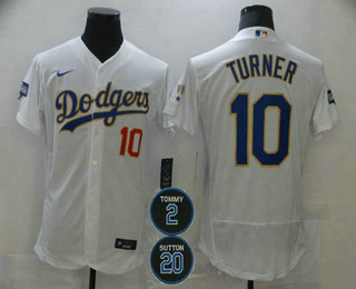 Men's Los Angeles Dodgers #10 Justin Turner White Gold #2 #20 Patch Stitched MLB Flex Base Nike Jersey