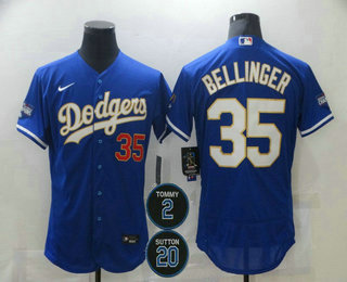 Men's Los Angeles Dodgers #35 Cody Bellinger Blue Gold #2 #20 Patch Stitched MLB Flex Base Nike Jersey