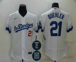 Men's Los Angeles Dodgers #21 Walker Buehler White #2 #20 Patch City Connect Flex Base Stitched Jersey