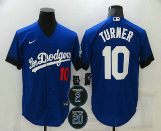 Men's Los Angeles Dodgers #10 Justin Turner Blue #2 #20 Patch City Connect Number Cool Base Stitched Jersey