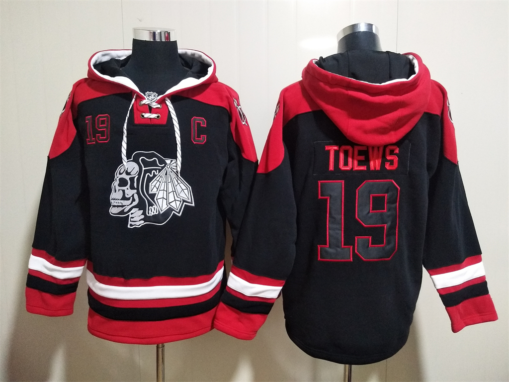 Men's Chicago Blackhawks #19 Jonathan Toews Black Ageless Must Have Lace Up Pullover Hoodie