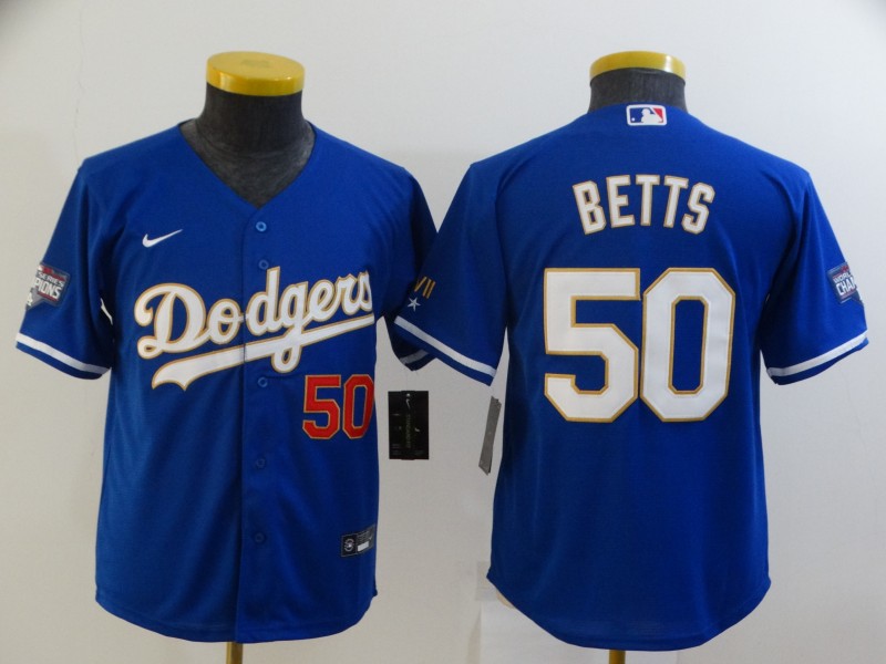 Youth Los Angeles Dodgers #50 Mookie Betts Red Number Blue Gold Championship Stitched MLB Cool Base Nike Jersey