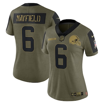 Women's Cleveland Browns #6 Baker Mayfield Nike Olive 2021 Salute To Service Limited Player Jersey