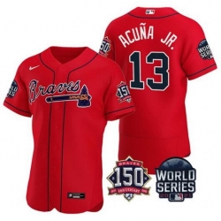 Men Atlanta Braves 13 Ronald Acuna Jr 2021 Red World Series With 150th Anniversary Patch Stitched Baseball Jersey