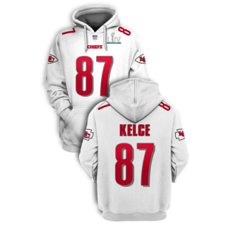 Men's White Kansas City Chiefs #87 Travis Kelce 2021 Super Bowl LIV Pullover Hoodie