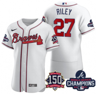 Men's White Atlanta Braves #27 Austin Riley Swanson 2021 World Series Champions With 150th Anniversary Flex Base Stitched Jersey