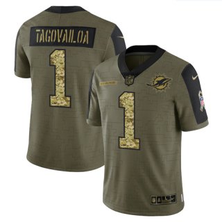 Men's Olive Miami Dolphins #1 Tua Tagovailoa 2021 Camo Salute To Service Limited Stitched Jersey