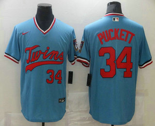 Men's Minnesota Twins #34 Kirby Puckett Light Blue Pullover Throwback Cooperstown Nike Jersey