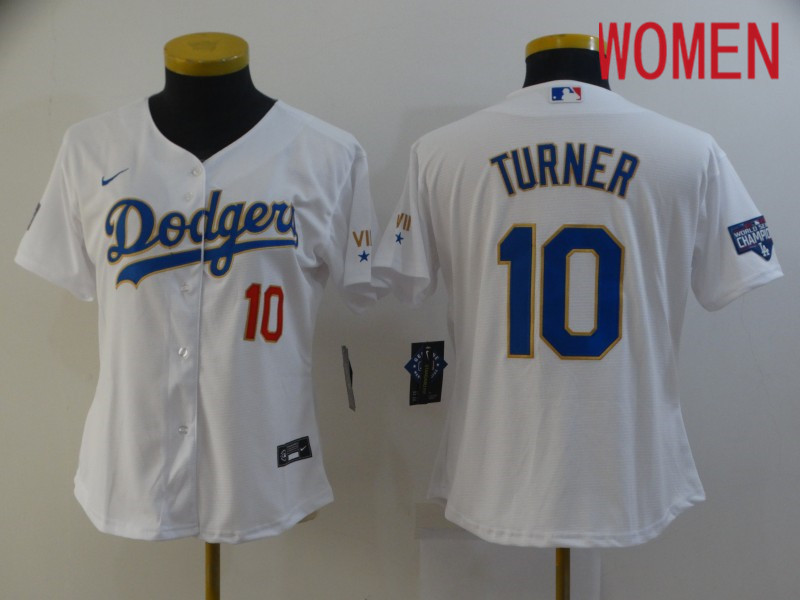 Women Los Angeles Dodgers 10 Turner White Game 2021 Nike MLB Jerseys