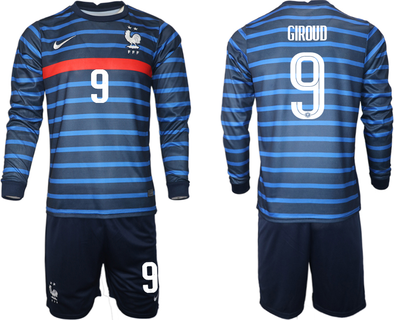 Men 2021 European Cup France home blue Long sleeve 9 Soccer Jersey