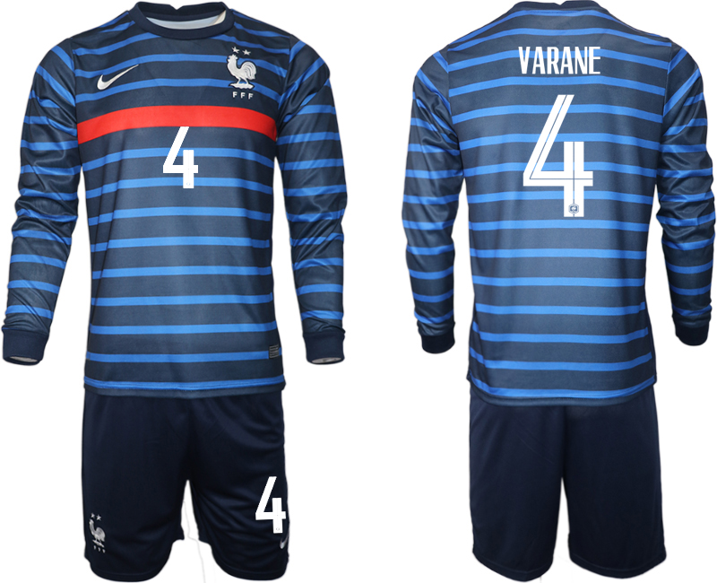 Men 2021 European Cup France home blue Long sleeve 4 Soccer Jersey