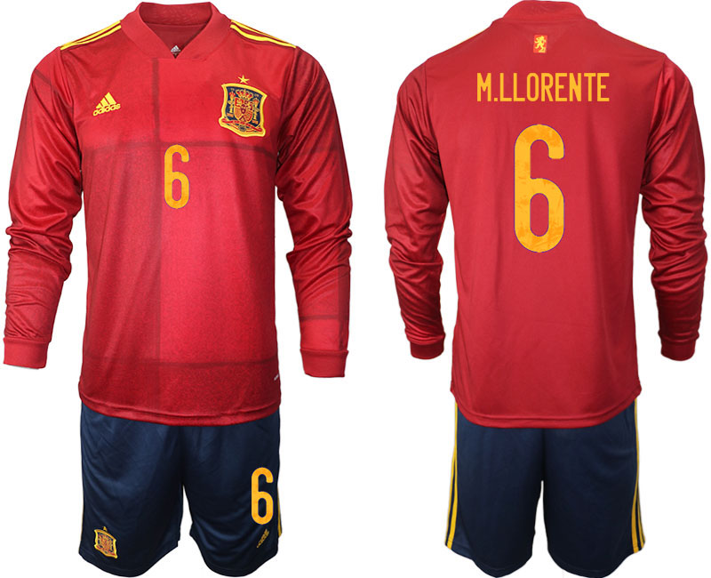 Men 2021 European Cup Spain home Long sleeve 6 soccer jerseys