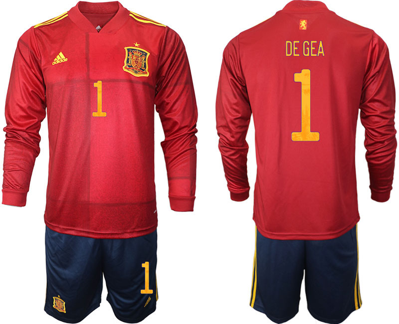 Men 2021 European Cup Spain home Long sleeve 1 De Gea soccer jerseys