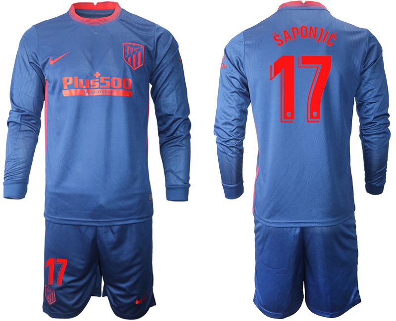 Men 2020-2021 club Atletico Madrid away long sleeves 17 blue Soccer Jerseys