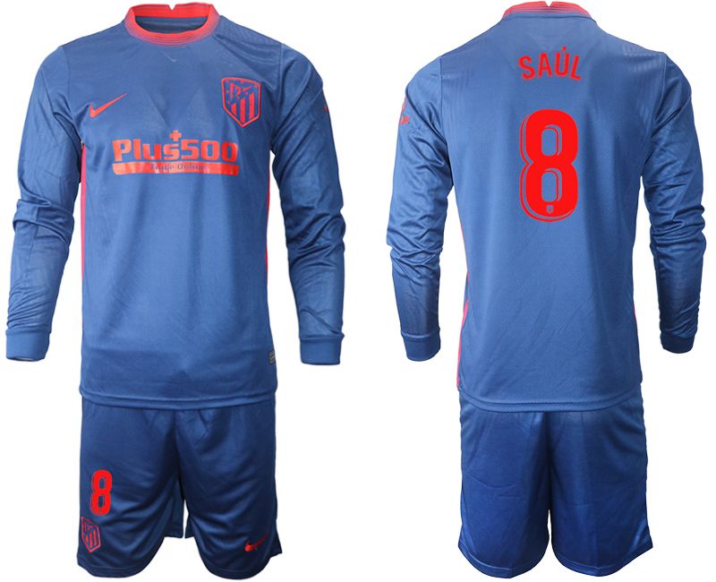 Men 2020-2021 club Atletico Madrid away long sleeves 8 blue Soccer Jerseys