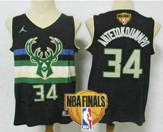 Men's Milwaukee Bucks #34 Giannis Antetokounmpo Black 2021 Finals Patch Brand Jordan Swingman Stitched Jersey