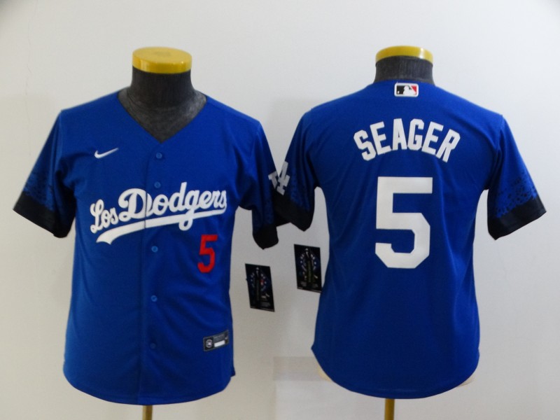 Youth Los Angeles Dodgers #5 Corey Seager Blue 2021 City Connect Number Cool Base Stitched Jersey