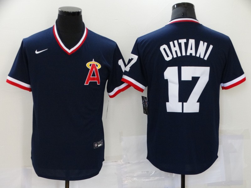 Men's Los Angeles Angels #17 Shohei Ohtani Navy Blue Throwback Cooperstown Collection Stitched MLB Nike Jersey