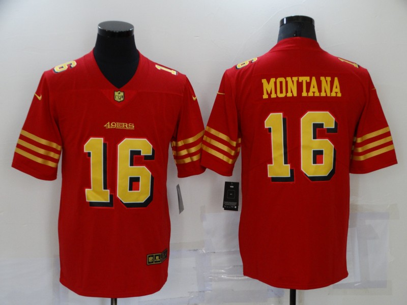 Men's San Francisco 49ers #16 Joe Montana Red Gold 2021 Vapor Untouchable Stitched NFL Nike Limited Jersey