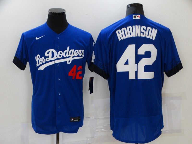 Men's Los Angeles Dodgers #42 Jackie Robinson Blue 2021 City Connect Flex Base Stitched Jersey