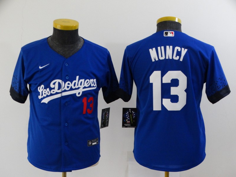 Youth Los Angeles Dodgers #13 Max Muncy Blue 2021 City Connect Number Cool Base Stitched Jersey