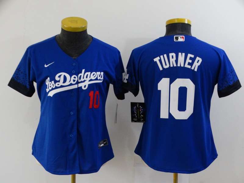 Women's Los Angeles Dodgers #10 Justin Turner Blue 2021 City Connect Number Cool Base Stitched Jersey