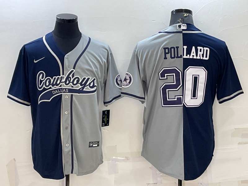 Men's Dallas Cowboys #20 Tony Pollard Navy Grey Split With Patch Cool Base Stitched Baseball Jersey