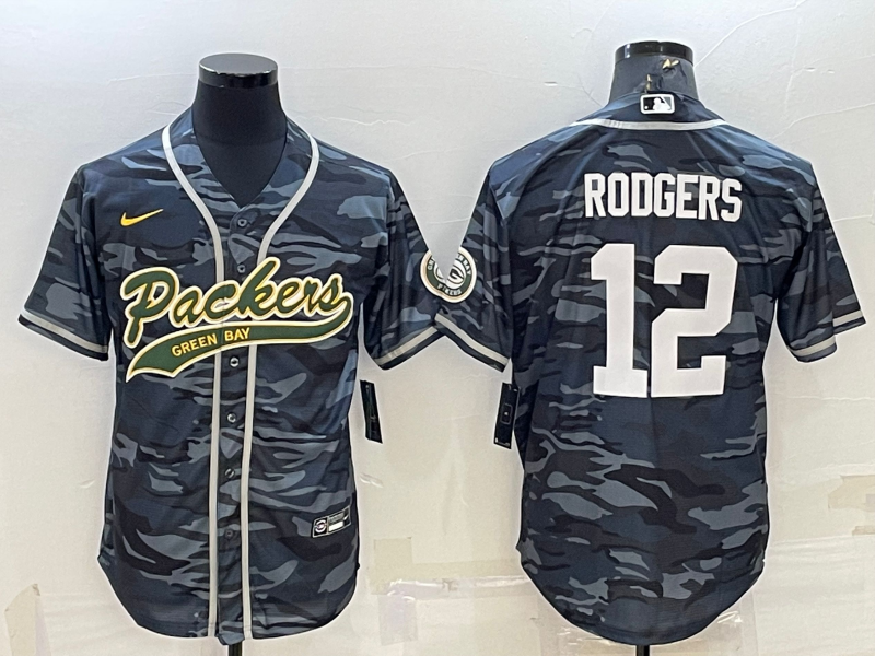 Men's Green Bay Packers #12 Aaron Rodgers Grey Camo With Patch Cool Base Stitched Baseball Jersey