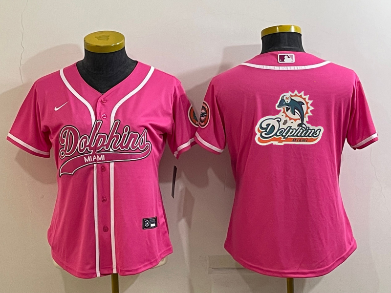 Women's Miami Dolphins Pink Team Big Logo With Patch Cool Base Stitched Baseball Jersey