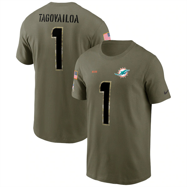 Men's Miami Dolphins #1 Tua Tagovailoa 2022 Olive Salute to Service T-Shirt