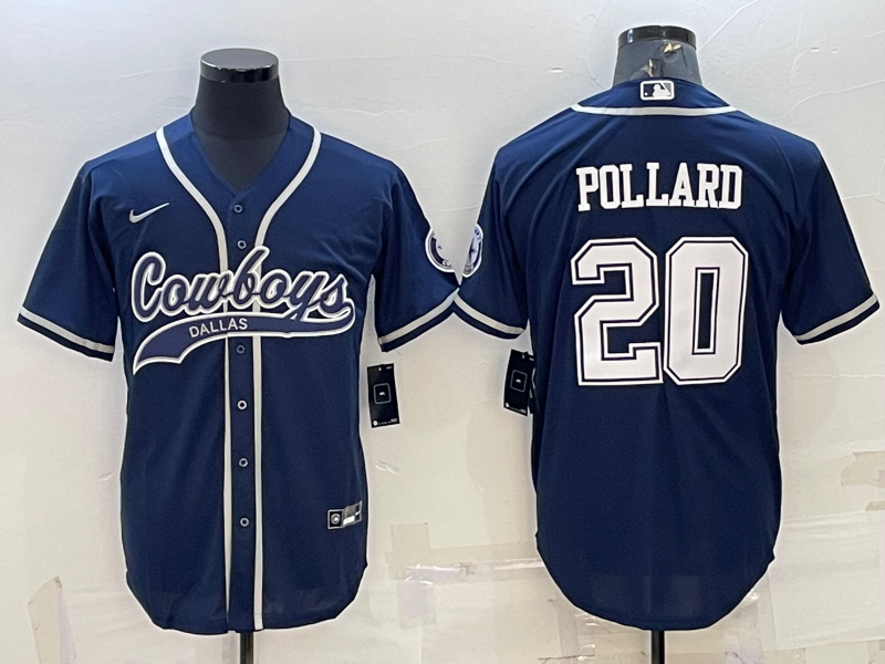 Men's Dallas Cowboys #20 Tony Pollard Navy With Patch Cool Base Stitched Baseball Jersey