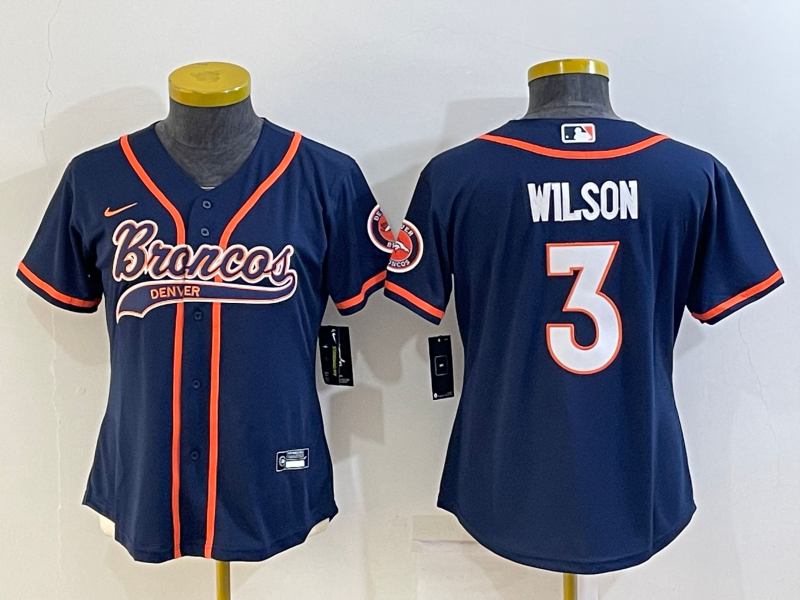 Women's Denver Broncos #3 Russell Wilson Navy Blue With Patch Cool Base Stitched Baseball Jersey