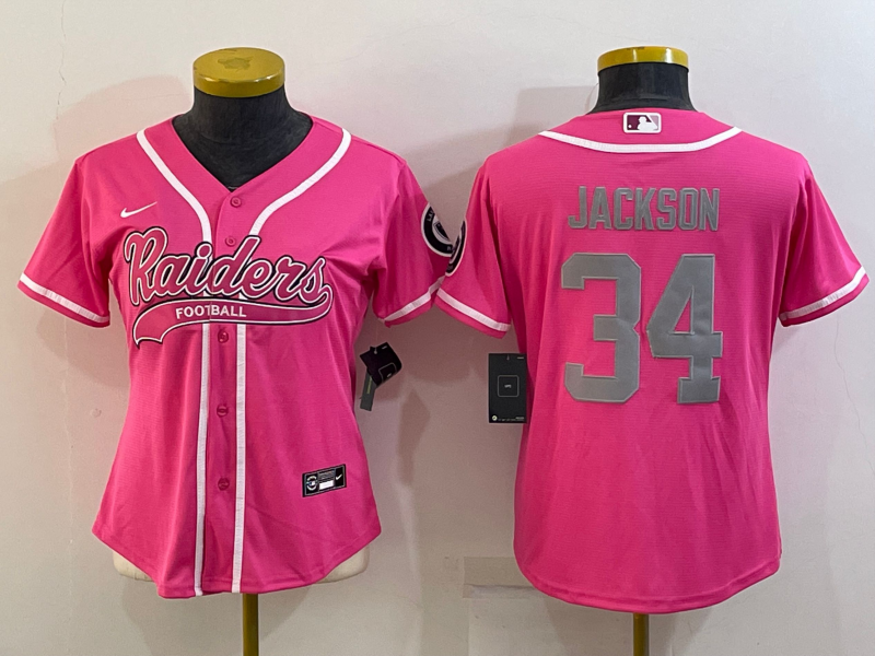 Women's Las Vegas Raiders #34 Bo Jackson Pink With Patch Cool Base Stitched Baseball Jersey