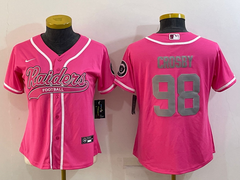 Women's Las Vegas Raiders #98 Maxx Crosby Pink With Patch Cool Base Stitched Baseball Jersey