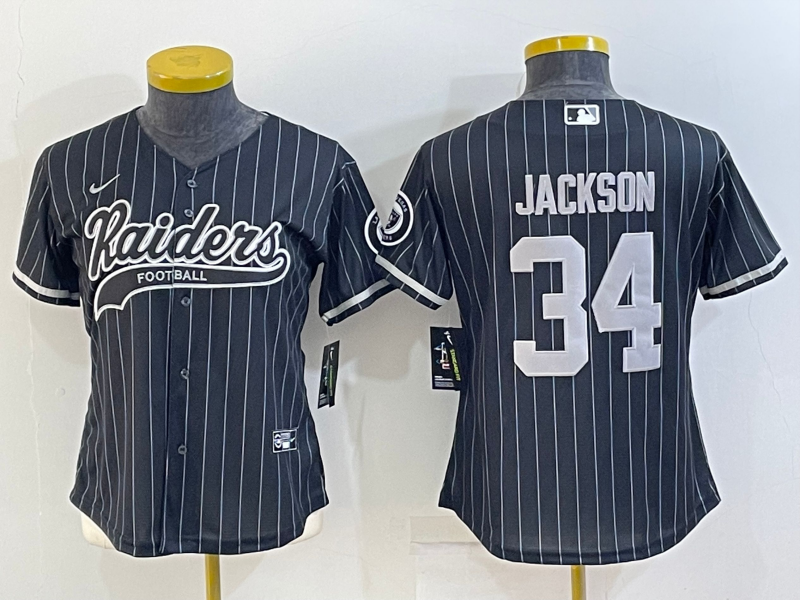 Women's Las Vegas Raiders #34 Bo Jackson Black Team Big Logo With Patch Cool Base Stitched Baseball Jersey