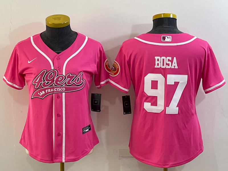 Women's San Francisco 49ers #97 Nick Bosa Pink With Patch Cool Base Stitched Baseball Jersey