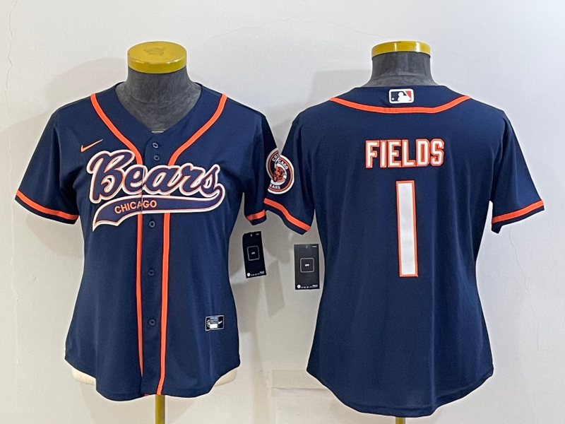 Women's Chicago Bears #1 Justin Fields Navy With Patch Cool Base Stitched Baseball Jersey