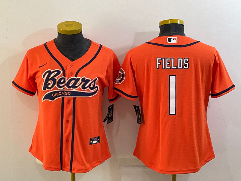 Women's Chicago Bears #1 Justin Fields Orange With Patch Cool Base Stitched Baseball Jersey