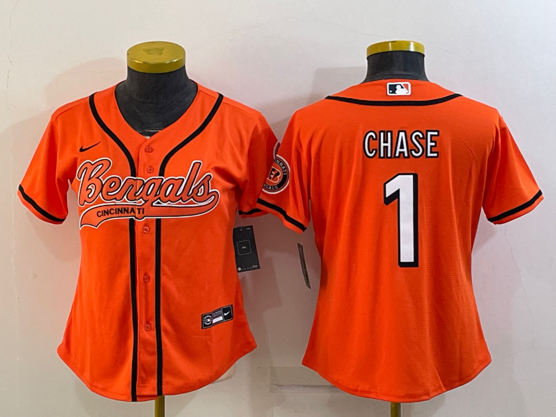 Women's Cincinnati Bengals #1 JaMarr Chase Orange With Patch Cool Base Stitched Baseball Jersey