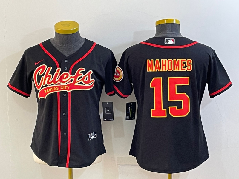 Women's Kansas City Chiefs #15 Patrick Mahomes Black With Patch Cool Base Stitched Baseball Jersey