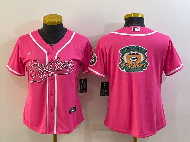 Women's Green Bay Packers Pink Team Big Logo With Patch Cool Base Stitched Baseball Jersey