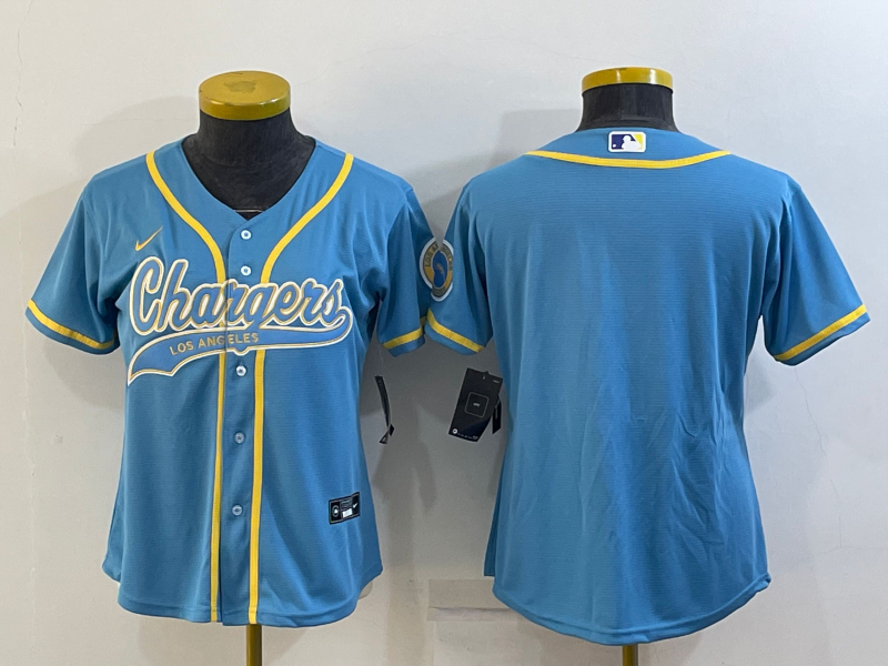 Women's Los Angeles Chargers Blank Blue With Patch Cool Base Stitched Baseball Jersey